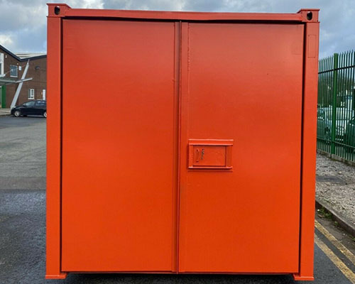 head on view of red storage container
