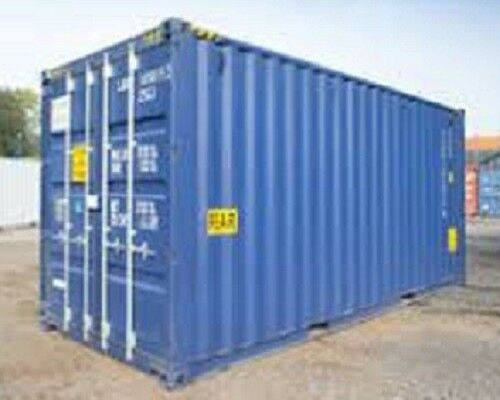 side view of blue storage shipping container